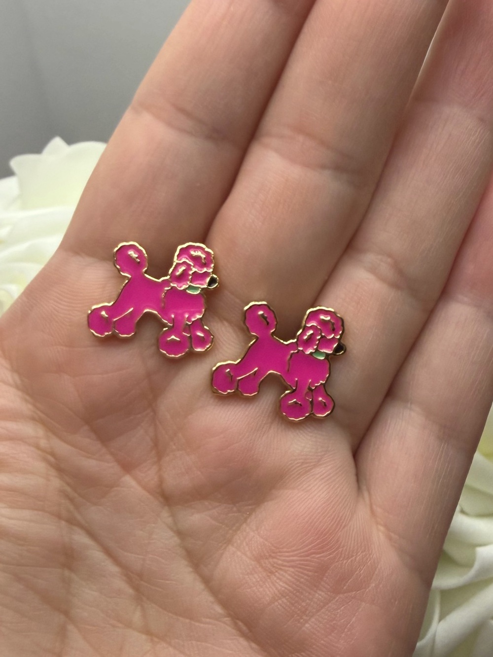 Pink Poodle Stud Earrings - Gold Trim